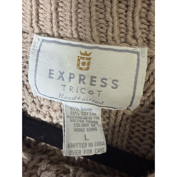 VINTAGE 90s EXPRESS TRICOT Chunky Cable Knit Sweater L Tan Bobble - Picture 2 of 7